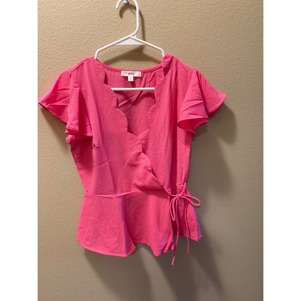 MINE Womens Hot Pink Scalloped Wrap Top Flutter Sleeve Peplum Blouse Small